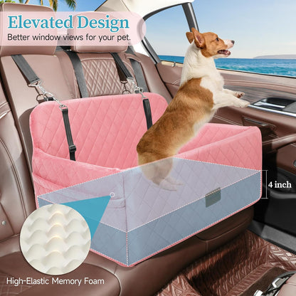 Dog Car Seat for Medium/Large Dogs, Pet Booster Seat for Under 55 lbs or 2 Small Dogs, Detachable & Washable Dog Car Bed for Backseat with 2 Safety Leashes (Pink)