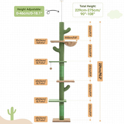 PAWZ Road Cat Tree, Cactus Floor to Ceiling Cat Tower with Adjustable Height(95-108 Inches), 5 Level Cat Climbing Tower with Cozy Hammock, Platforms and Dangling Balls for Indoor Cats