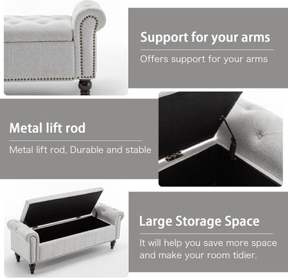 58’’ Storage Bench for Bedroom, Upholstered Button-Tufted Ottoman with Solid Wood Legs, Queen Size End of Bed Shoe Cabinet, Window Seat Foot Rest Stool for Entryway, Living Room (Silver)