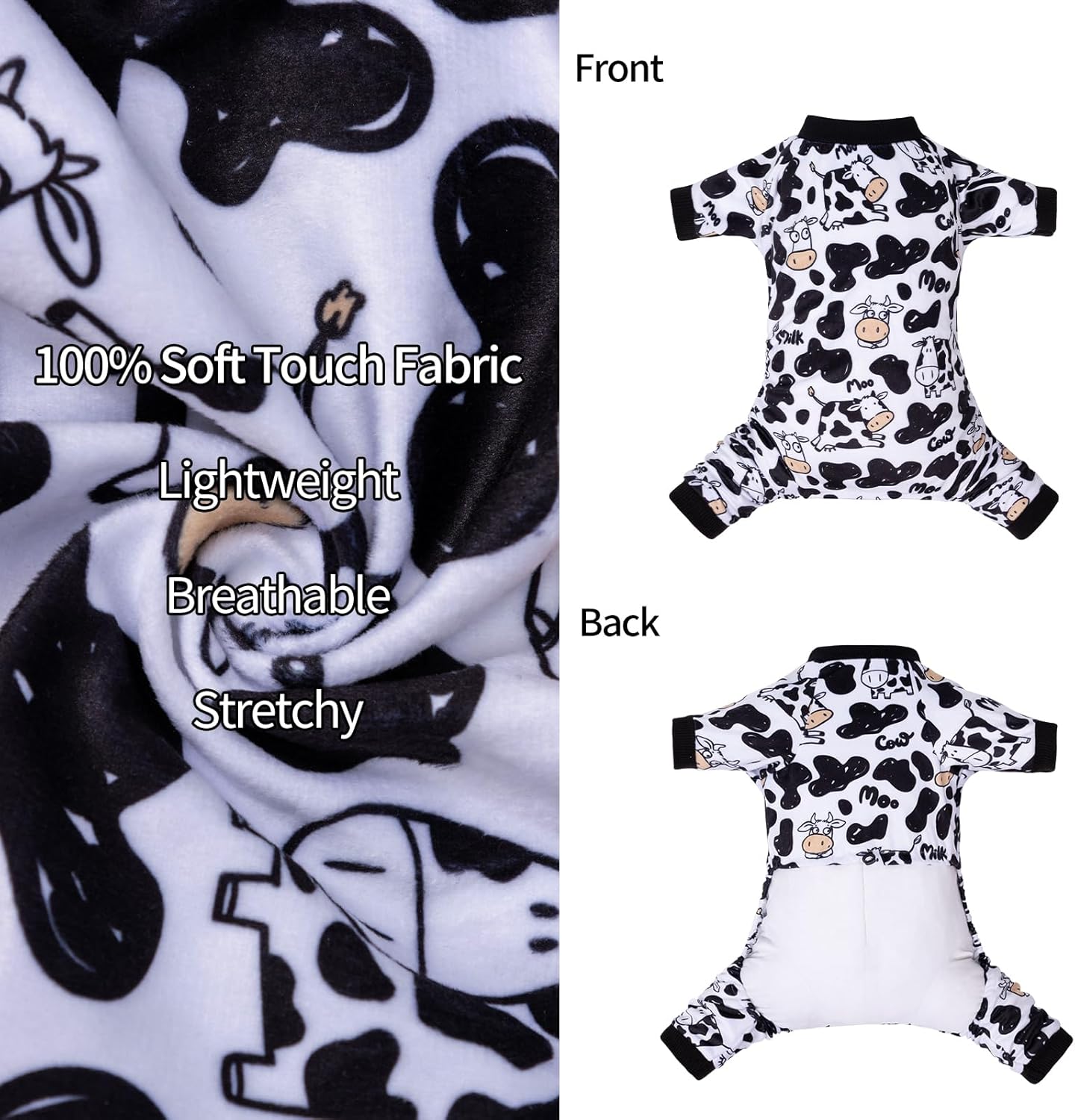 CuteBone Dog Halloween Pajamas Puppy Onesies Small Dogs Soft Pjs Coat Cat Apparel Comfy Pet Christmas Clothes Outfit Doggie Bodysuit P281S (Cow moo, Medium)