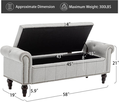 58’’ Storage Bench for Bedroom, Upholstered Button-Tufted Ottoman with Solid Wood Legs, Queen Size End of Bed Shoe Cabinet, Window Seat Foot Rest Stool for Entryway, Living Room (Silver)