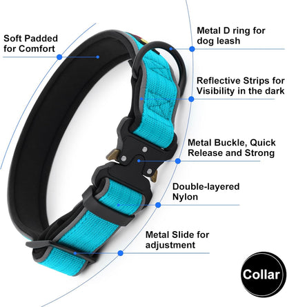 Plutus Pet Tactical Dog Collar, Reflective, Adjustable Heavy Duty Dog Collar, Soft Padded and Comfortable, for Small Medium and Large Dogs (Cyan, L)