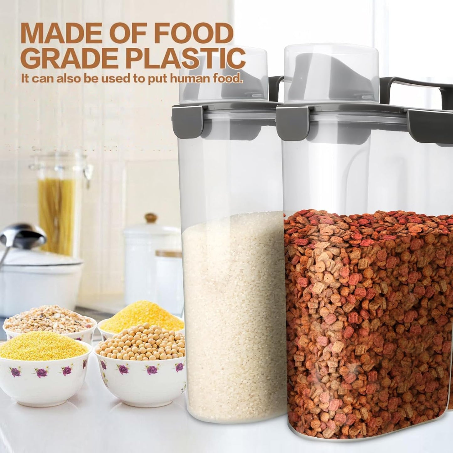 Dog Food Storage Container, 5-7 Lbs Airtight Pet Food Container, Cat food Container Dispenser with Portable Handle, Pouring Spout and Measuring Cup for Dogs Cats 2Pack White/6Qt