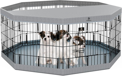 PJYuCien Dog Playpen, 8 Panels 24”H Dog Playpen Indoor with Grey Bottom Pad and Top Cover, Metal Foldable Dog Pen for Indoor Use, Only for Small Medium Animals, Grey