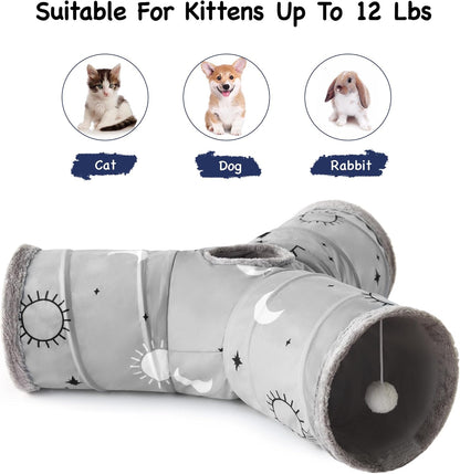 Tempcore Pet Cat Tunnel Tube Cat Toys 3 Way Collapsible, Cat Tunnels for Indoor Cats Fleece-Lined in for Warmth，Kitty Tunnel Bored Pet Toys Peek Hole Toy Ball Puppy, Kitten, Rabbit Gray Sun