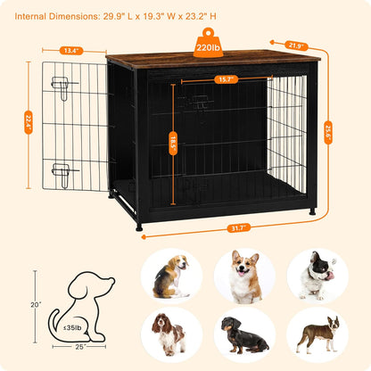 DWANTON Dog Crate Furniture with Cushion, Wooden Kennel Table with Double Doors, Indoor Dog House, Medium Size, 32.5" L, Black+Rustic Brown