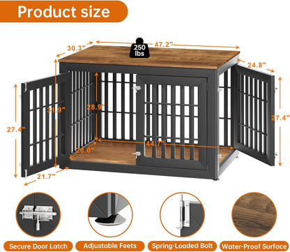 48" Heavy Duty Dog Crate Furniture for Small,Medium and Large Dogs,Rustic Wooden Dog Cage Kennel Indoor Furniture with Waterproof Top,Decorative Pet House Side End Table (Black & Wood)