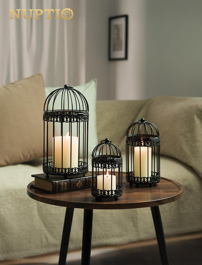 NUPTIO Vintage Bird Cage Lantern: Black Hanging Bird Cage Decor Candle Lanterns for Centerpiece - Large Birdcage Pillar Candles Holder for Halloween Christmas Bridal Shower 10 Inch H