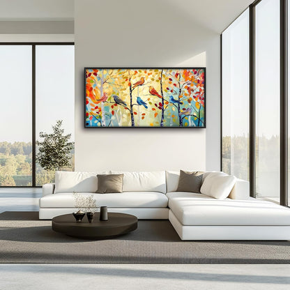Extra Large Framed Abstract Bird Forest Wall Art,Colorful Birds Birch Tree Wall Decor Pictures for Living Room,Canvas Print Painting Modern Artwork Bedroom Office Bathroom Home Decor 60L x 30W