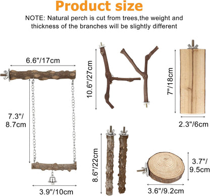7PCS Bird Perches, Natural Wood Parrot Perch Stand, Bird Perch Chewing Stick Cage Accessories Hanging Multi-Branch Perch Platform Swing Toy for Parakeets, Cockatiels, Small Medium Birds
