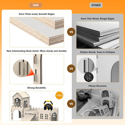Large Bunny House and Hideouts, Wooden Dual-Layer Rabbit Castle with Stair, Rubber Band-Free Setup - Chew-Proof, Sturdy Habitat for Guinea Pig Chinchilla Ferret (Rabbit House with Tunnels & Tubes)