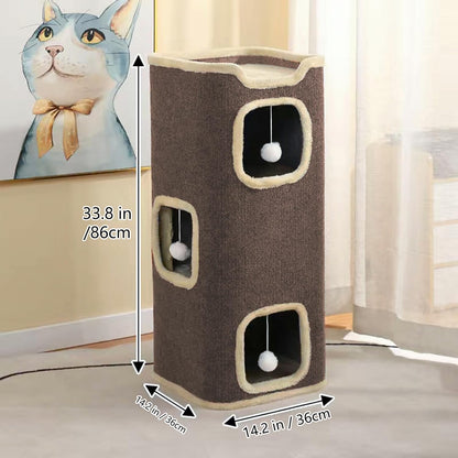 Empet Cat House for Indoor Cats Beds, Multi-Level Cat Condo, Foldable Cave Bed Brown, (3-Level)