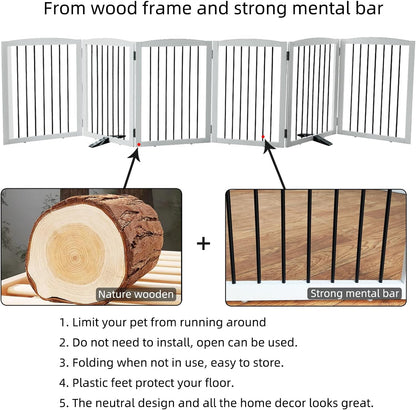 Freestanding Panel Dog Gate for Indoor Doorways, Stairs, or Hallways, Foldable Wooden Pet Gate, Support Feet Included, 24" Height-6 Panels, White