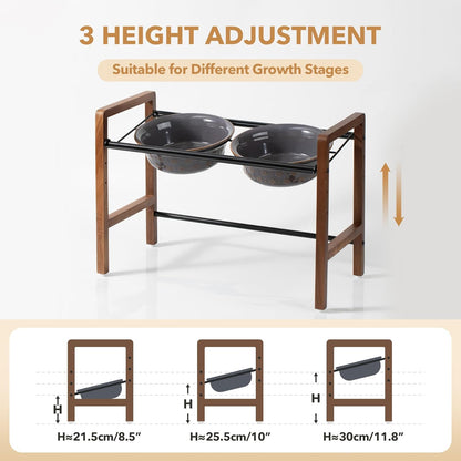 8.7inch Ceramic Adjustable Raised Double Bowls Set with Stand, 3 Heights Elevated, 2 Placement Options,Food and Water Dishes for Large Dog(Double Bowls+Stand, Reactived Glaze -Grey)