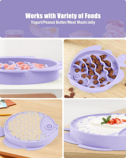 Coomazy 2-in-1 Silicone Slow Feeder Dog Cat Bowls, Lick Mat Interactive Puzzle Toy for Pets Dry/Wet Food Training, Keeps Dogs Cats Busy, Prevents Puppy Kitty Overeating (Purple, 1.2 Cup)
