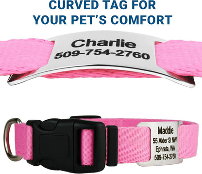 GoTags Personalized Dog Collar with Nameplate, Adjustable Dog Collar with Custom Engraved Slide On Pet ID Tag in Stainless Steel, Silent, No Noise Dog Tag for Large Medium and Small (Pink, Small)
