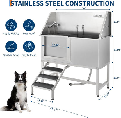 Stainless Steel Dog Washing Station - Dog Bath Tub for Large, Medium, Small Dogs, Pet Grooming Tub with Ramp, Non-Slip Grate, Shower, Soap Box, Faucet, Drain for Home & Outdoor （Left RAMP, 62"）