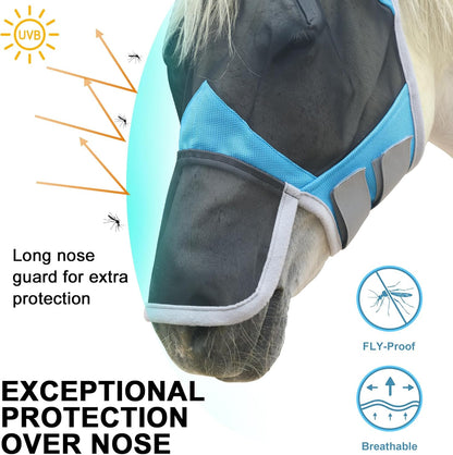 Horse Fly Mask with Ears & Long Nose Cover | Forelock Opening for Tangle-Free Mane Care | UV Protection & Breathable Mesh | No Rub Fit and Enhanced Visbility for Trail Riding Paleblue Pony