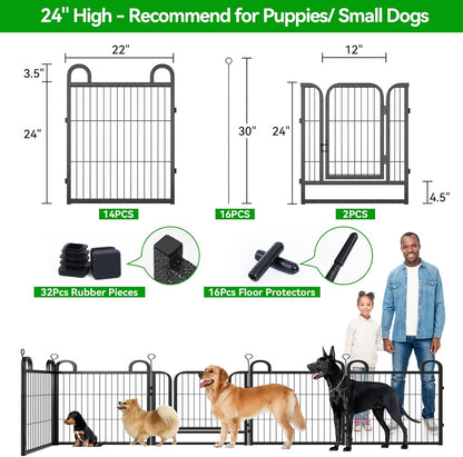 Puppy Playpen 16 Panels Small Dog Fence Outdoor Indoor Use 24" Height Anti-Rust with Doors Portable Dog Play Pen for RV Camping Yard, Total 29FT, 68 Sq.ft, Snowy Black
