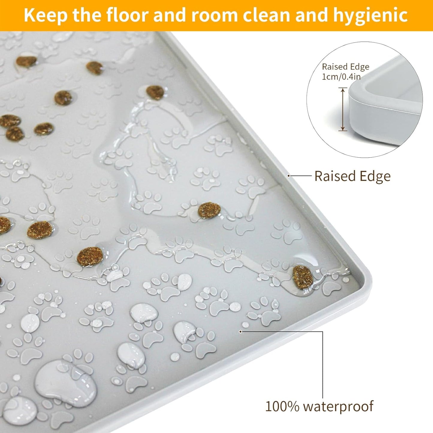 Ptlom Dog Food Mat Anti-Slip Bowl Mats for Food and Water, Waterproof Silicone Pet Placemat with High Raised Edges, Non-Slip Puppy Feeding Tray for Small, Medium Large Cats Dogs, Gray, 11.8"x11.8"