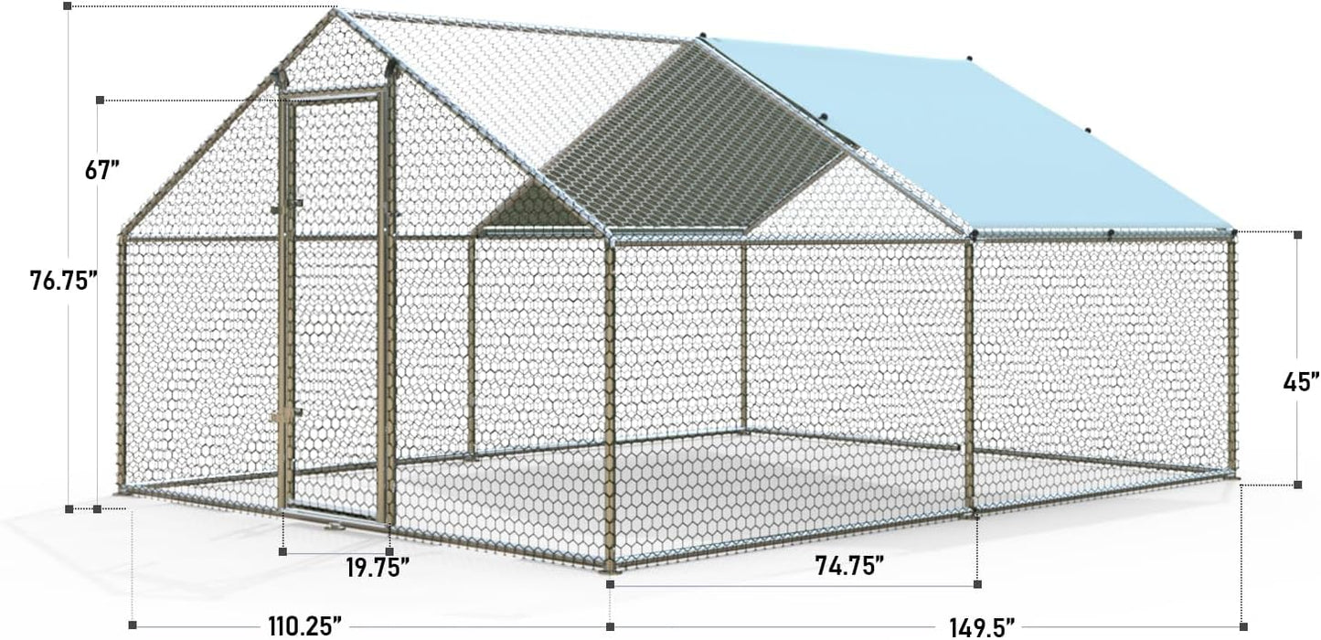 1.26'' Large Metal Chicken Coop Run Walk in, Chicken Runs for Yard with Cover, Chicken Pens Outdoor, Spire Roofed Outside Dog Kennel with Roof (9.8’Lx13.1’Wx6.4’H)