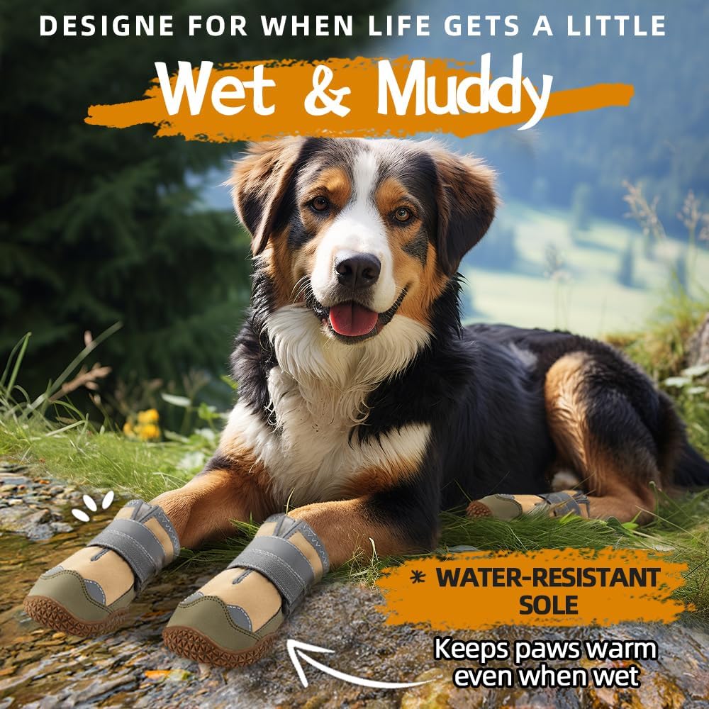 Dog Shoes for Large Dogs, Medium Dog Boots & Paw Protectors for Hardwood Floors, Outdoor Dog Booties for Hot Pavement Winter Snow Hiking, Waterproof Dog Shoes with Reflective Strips Size 5