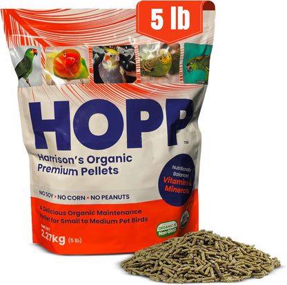 Harrison's Bird Foods HOPP Premium Pellets – Organic, Nutritionally Balanced Food for Small to Medium Pet Birds, Cold-Pressed, Low Fat, Vet-Developed, 5LB