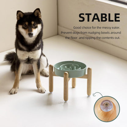 7.3inch Ceramic Raised Slow Feeder Dog Bowl Set, Elevated Wooden Stand for Medium and Small Dog, Puzzle Slow Dish, Preventing Choking(Light Green, Single Bowl+ Stand)