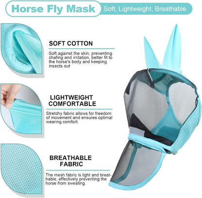 Luminous Horse Fly Mask with Long Nose, Ears, Full Face & Eye Protection - Full Mesh, Detachable Nose Cover, Fleece Padded Edging, Hook-and-Loop Straps with Webbing, Hanging Straps Mint Green