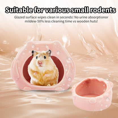 Bear-Shaped Hamster Hideout & Food Bowl Set - Ceramic Habitat for Syrian Dwarf Hamsters, Mice, Gerbils - All-Season Use, Chew-Proof Ceramic House and Feeding Dish for Small Pets(Pink)