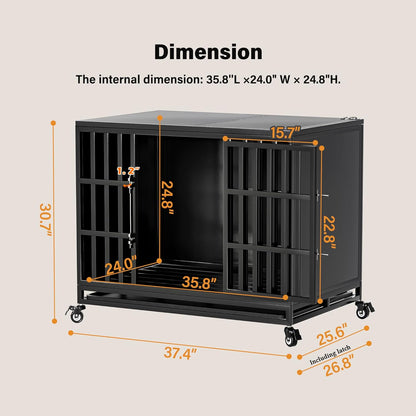 38 inch Heavy Duty Dog Crate with Self-Locking Latch, Indestructible Steel Large Kennel with Enclosed Design, Chew-Proof and Escape-Proof Pet Cage for High Anxiety Dogs