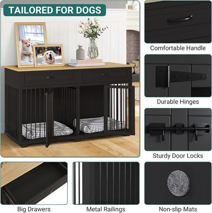 Large Dog Crate with Double Rooms, 72" Heavy Duty Wooden Dog Cage Furniutre Dog Crate Kennel w/Drawers & Removable Divider,Indoor Luxury Dog House for Large Dogs,Black