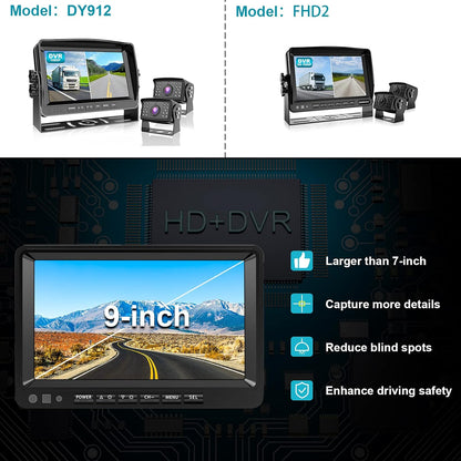 Fookoo ??HD 1080P 9" Wired Backup Camera System, 9-inch DVR Dual Split Screen Monitor, IP69 Waterproof Rear View Camera for Truck/Trailer/Box Truck/RV, Loop Record, Parking Lines (DY912)