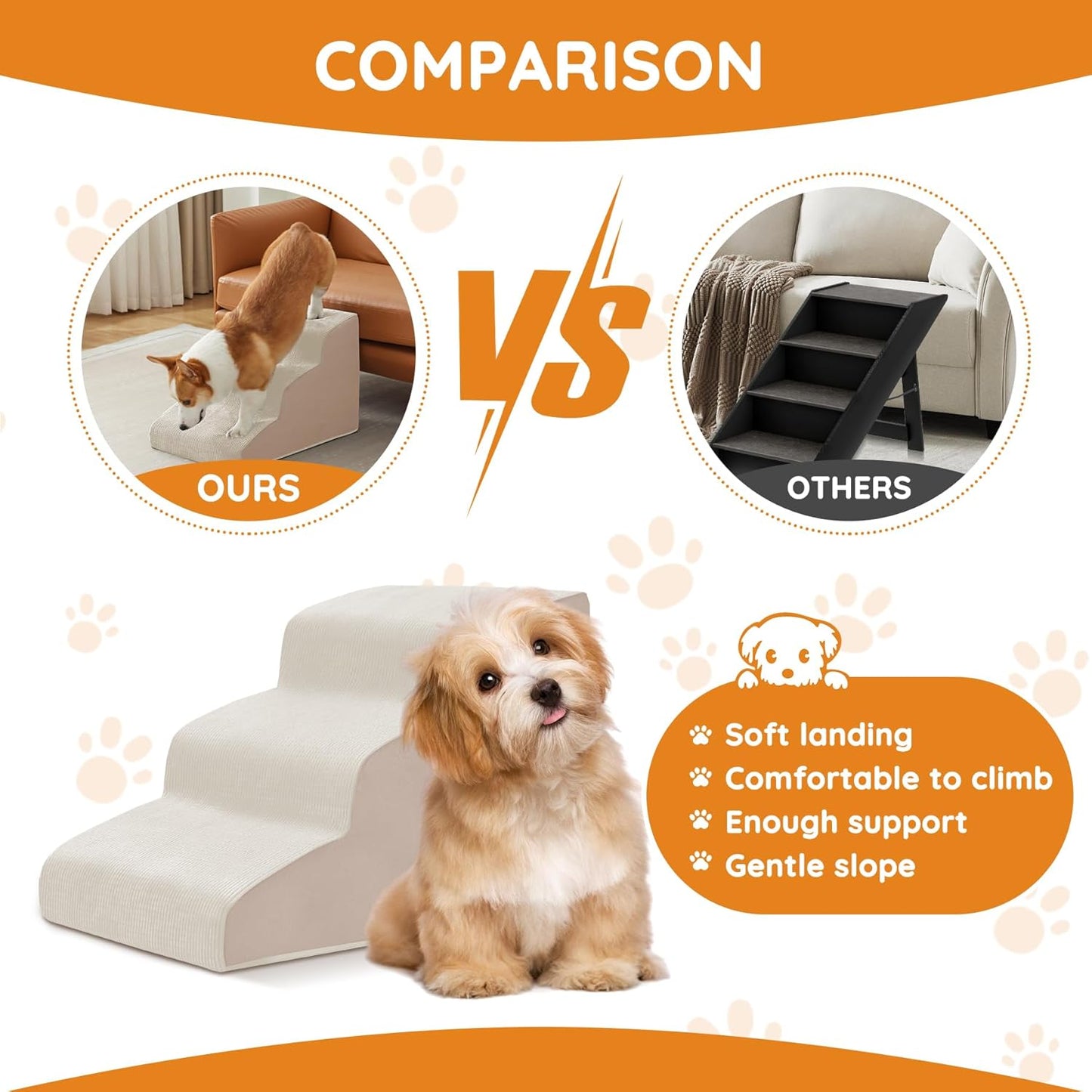 Pet Stairs for Small Dogs - 3-Step Curved Dog Ramp for Bed, Couch, Sofa, Car and Chairs - Non-Slip Bottom Design - Cat Scratching Board - High Density Foam Portable Pet Step - Beige