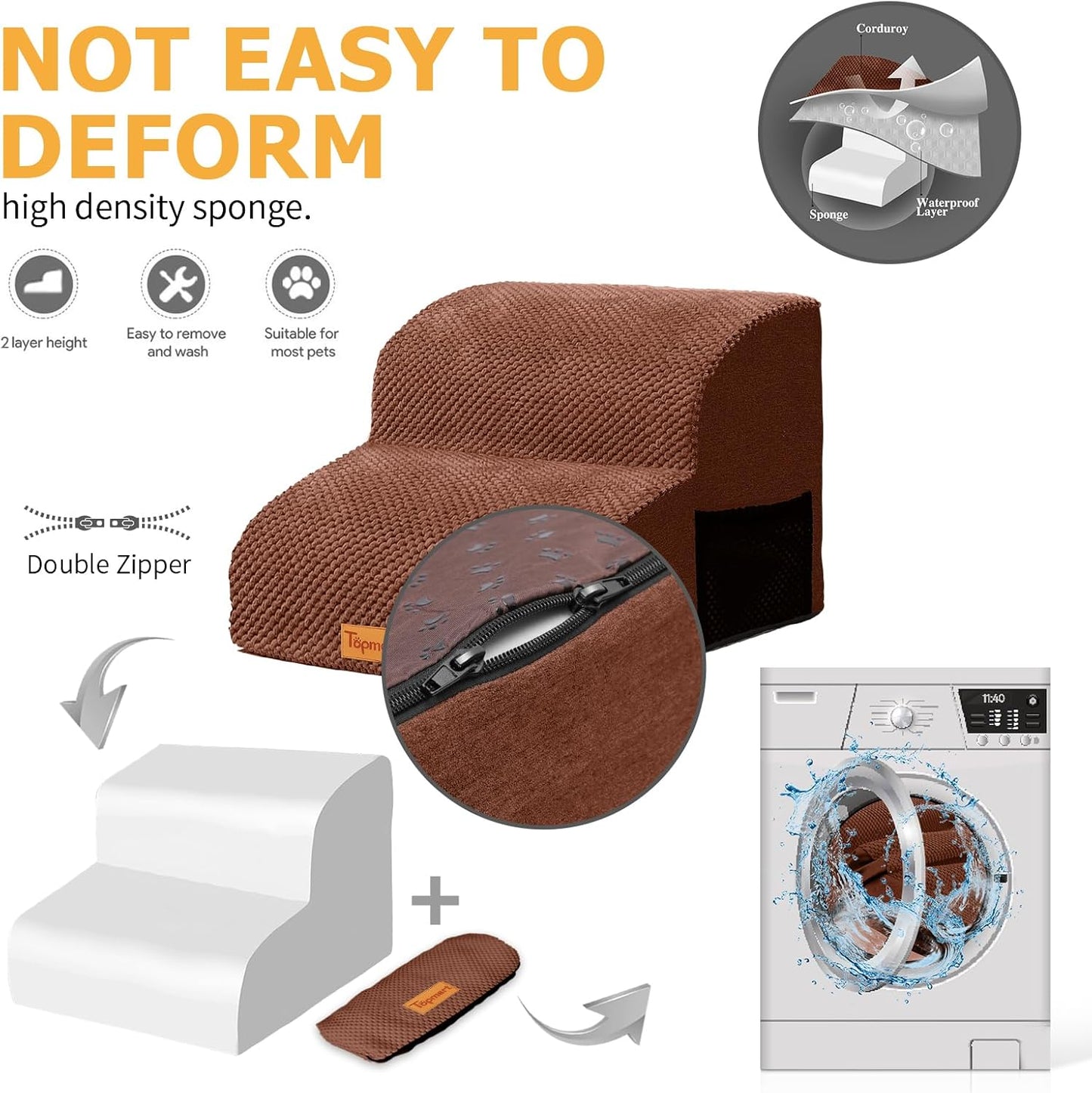 Topmart High Density Foam Pet Steps 2 Tiers,11.8" High,Non-Slip Dog Stairs & Ramp,Soft Foam Dog Ladder,Best for Injured,Older Cats,Pets with Joint Pain,Suitable for Low Sofas,Stairs,Lower Place