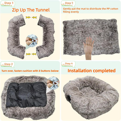 XxingSheep XL Cat Tunnel with Bed for Indoor Cats Peekaboo Cat Cave Donut Toy with Warm Mat,Yellow-Brown
