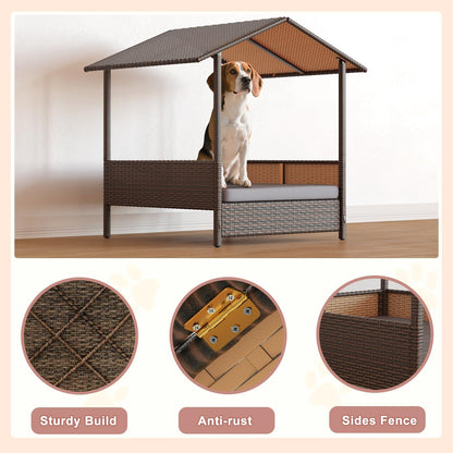 LEMBERI Outdoor Rattan Dog House with Canopy, Indoor Dog Bed for Small/Medium Dogs with Removable Cushion, Washable Cover, Dog Shelter for Patio, Deck, Yard, Pool, Brown