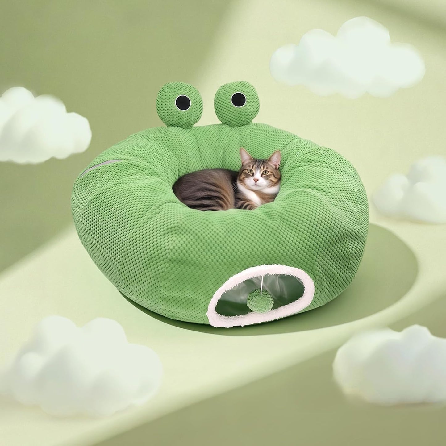 Cat Tunnel Bed for Indoor Cats, Peekaboo Cat Cave Bed,Soft Cat Donut Tunnel for Kitten Large Cats, Cute Frog Shaped