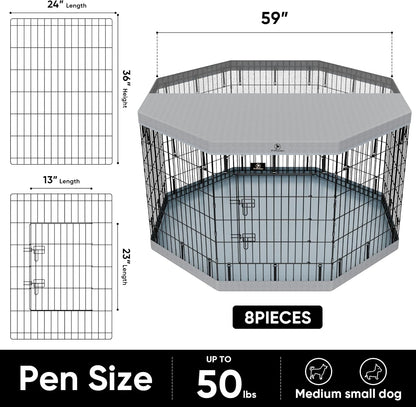 PJYuCien Dog Playpen, 8 Panels 36”H Dog Playpen Indoor with Grey Bottom Pad and Top Cover, Metal Foldable Dog Pen for Indoor Use, Better for Small Medium Animals, Grey