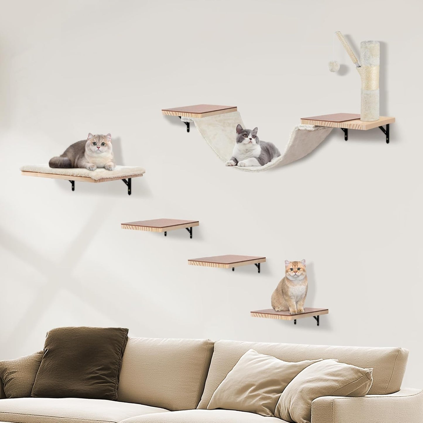 Wall Mounted Cat Climber Set, Cat Wall Shelves,Cat Wall Furniture Set,with Hammock,Jumping Boards,Sofa,Steps,Scratching Post,Hanging Ball and Felt Pads, Suit for Cats Climb, Jump,Scratch-Beige