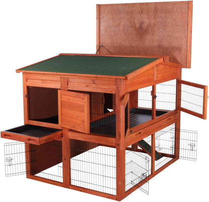 TRIXIE natura Outdoor Deluxe Rabbit Hutch with Run - Large 2-Story Rabbit Cage with Non-Slip Ramp - Elevated Small Animal House with Secure Playpen, Hinged Roof & Two Pull-Out Trays - in Natural