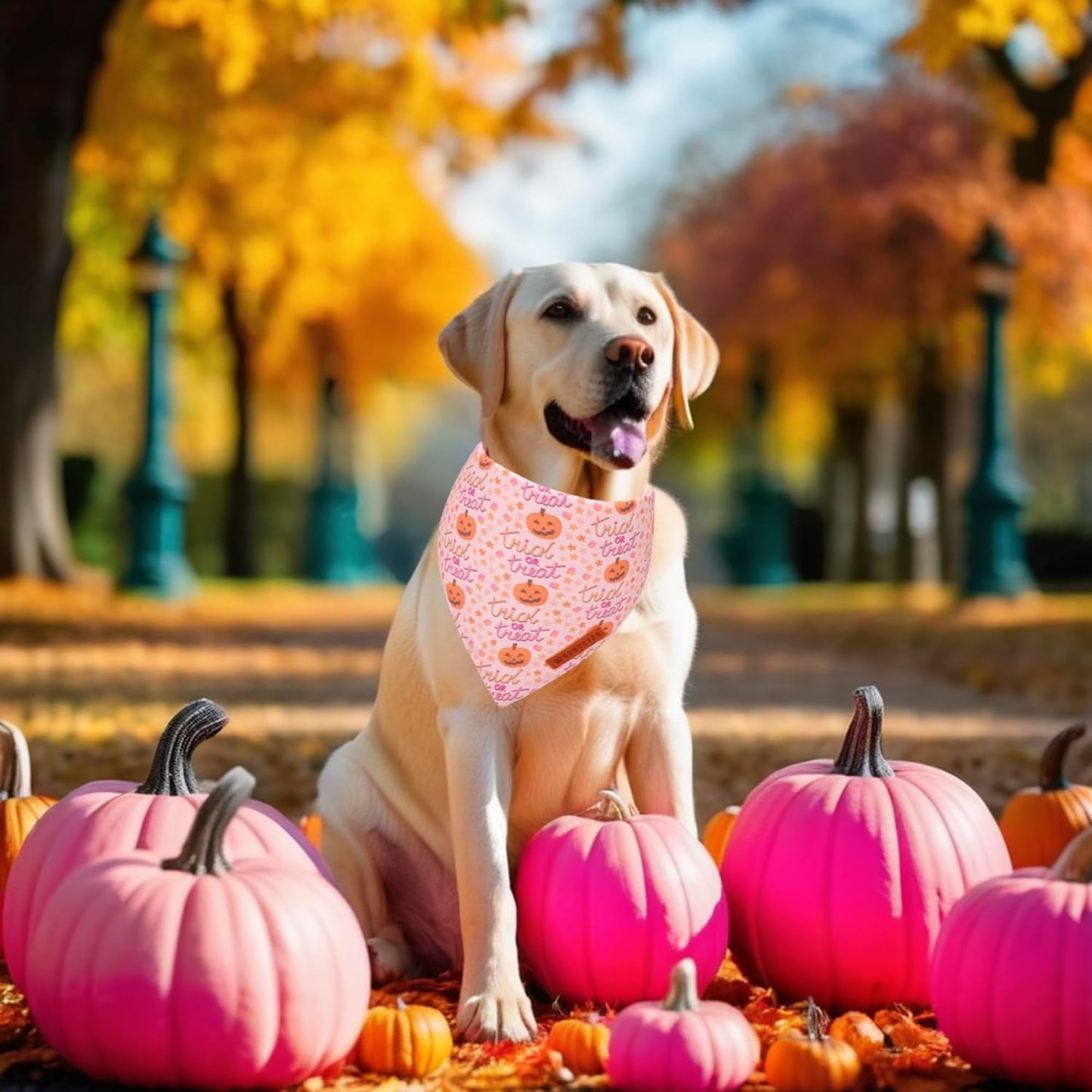 ADOGGYGO Halloween Dog Bandana, Pink Pumpkin Ghost Scarf, Adjustable Fit Female Halloween Bandanas for Large X-Large Dogs Pets (X-Large)