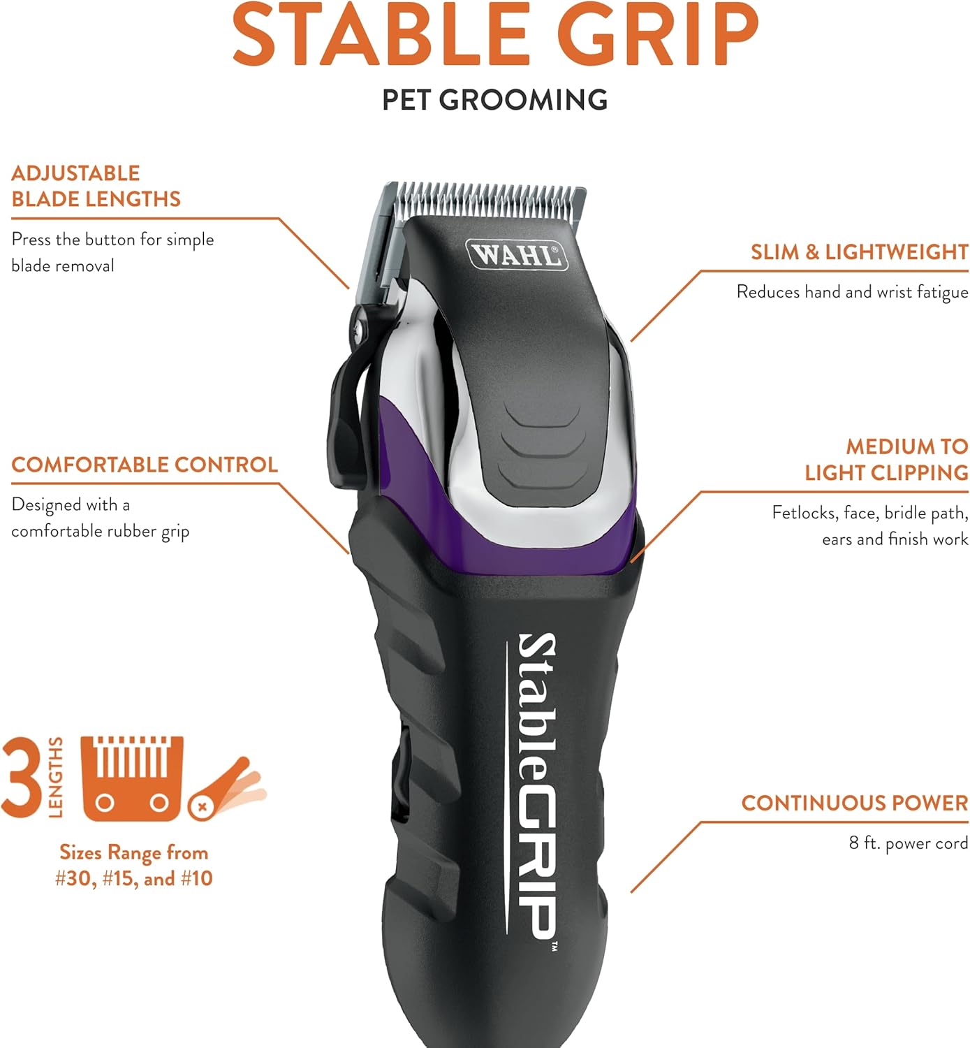 Wahl Pro Animal Stable Grip - Comprehensive Equine Grooming Kit - Light Body Clipping - Trimming Face, Ears & Fetlocks - Stable Grip Clipper - Easy-to-Adjust Cutting Lengths - Long Power Cord