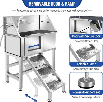 Stainless Steel Dog Washing Station for Large Dogs, Dog Grooming Tub for Home, Professional Dog Bathtub Bathing Station, Pet Wash Station, Dog Shower Tub with Stairs, Drain & Door,34" L-RAMP