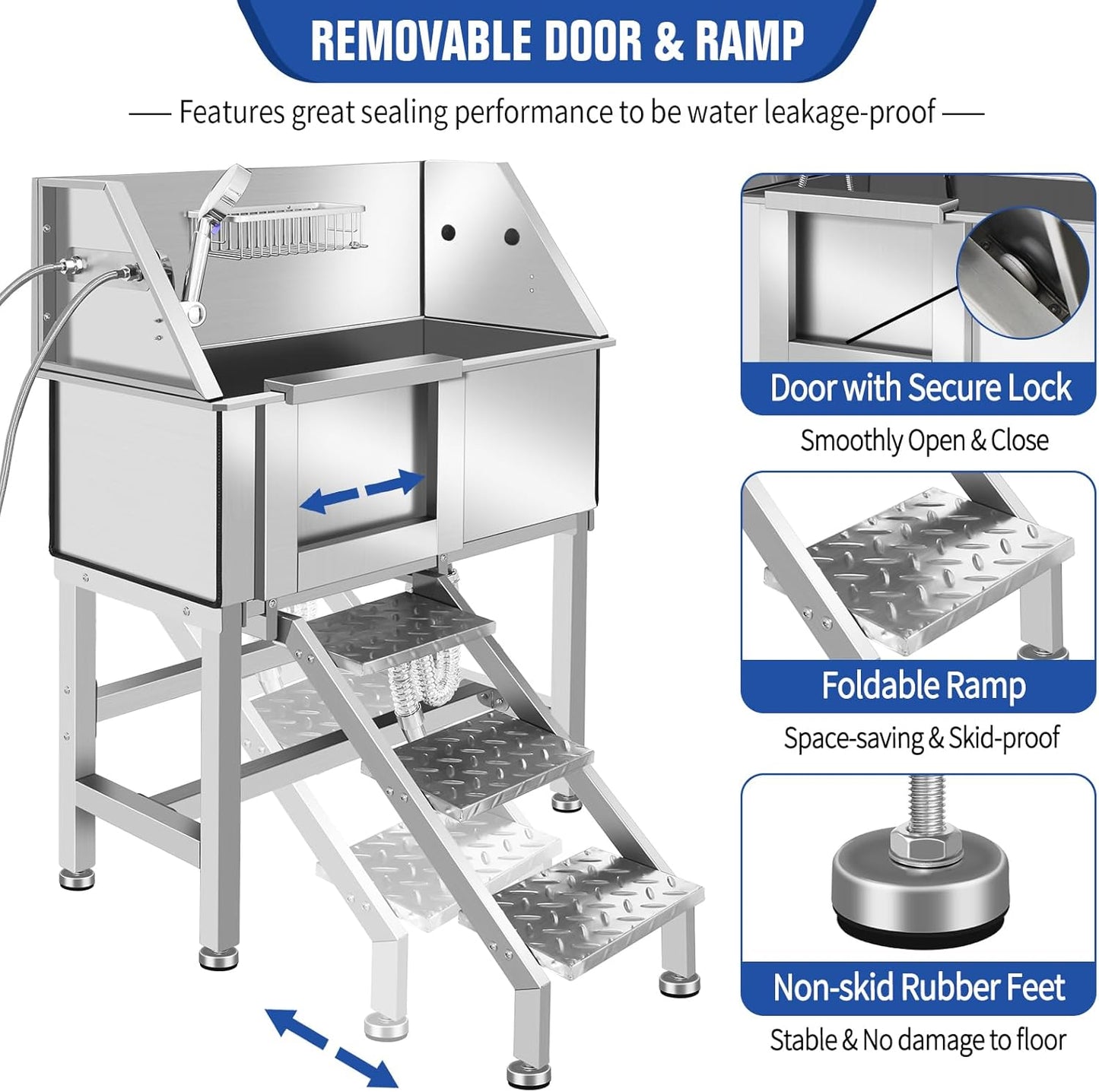 Professional Stainless Steel Dog Bathing Station, Dog Grooming Tub, with Stairs, Floor Grate & Faucet for Dog Bathtub for Large, Medium & Small Pets,34" L-RAMP
