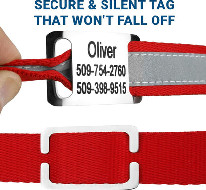 GoTags Reflective Personalized Dog Collar with Nameplate, Adjustable Dog Collar with Custom Engraved Steel Slide On Pet ID Tag, Silent, No Noise Dog Tag for Large Medium or Small (Red, Small)