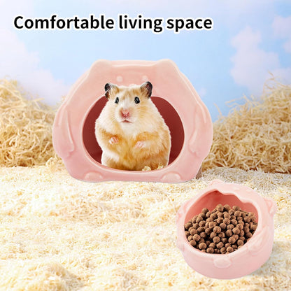 Bear-Shaped Hamster Hideout & Food Bowl Set - Ceramic Habitat for Syrian Dwarf Hamsters, Mice, Gerbils - All-Season Use, Chew-Proof Ceramic House and Feeding Dish for Small Pets(Pink)