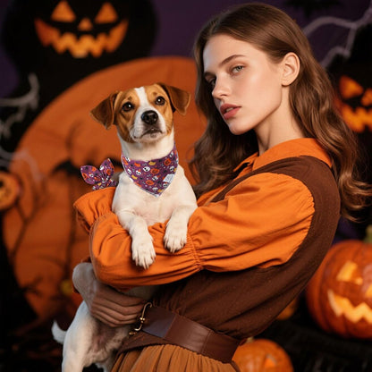 E-Clover Halloween Dog Bandanas & Matching Scrunchie Set Girl Cute Pumpkin Dog Scarf Bibs Pet Bandana with Bow Tie for Small Dogs Puppy Owner Mom Purple Orange