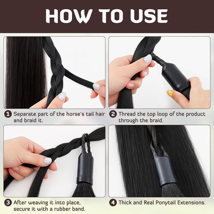 Zeyune 3 Pcs Horse Tail Extensions Set with Braided Horsehair Loop Include Ponytail Comb and Storage Bag, Natural Black for Equestrian Competitions, Horse Shows, Daily Grooming(28-30inch,3/8 lb)