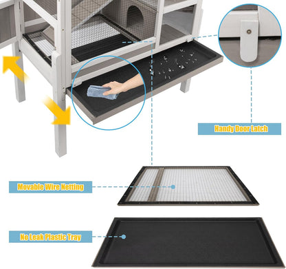 Guinea Pig Cages Indoor, Wooden Guinea Pig Cages with Stand, Rabbit Cage Hutch with Ramp and Hideout, Small Animals Cage Habitat with Not Leakage Pull Out Tray